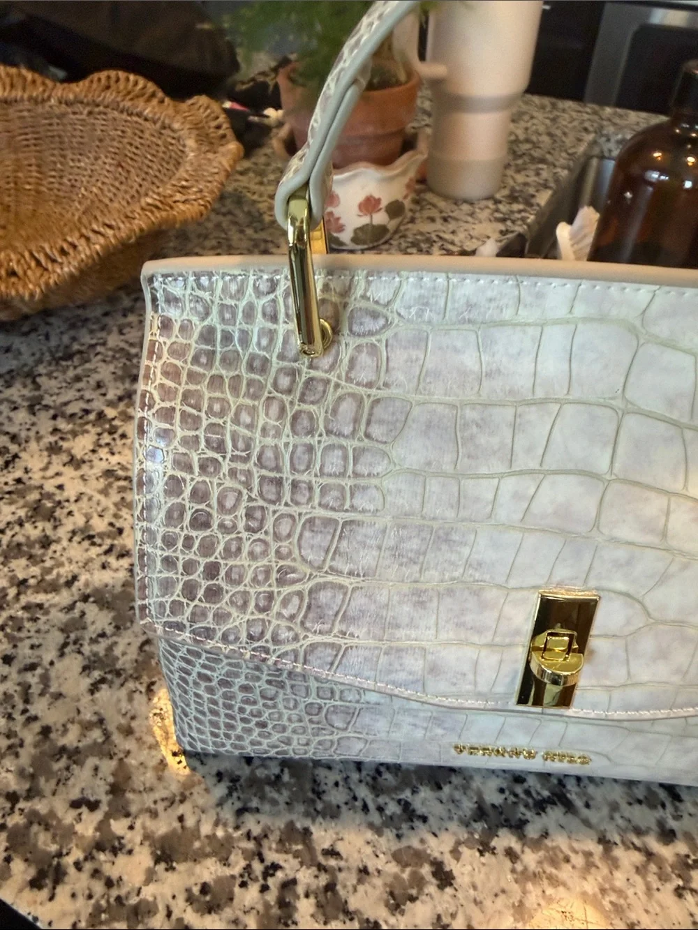 BRAND NEW!  Croc-Embossed Top Handle Satchel in OFF WHITE with Gold Hardware